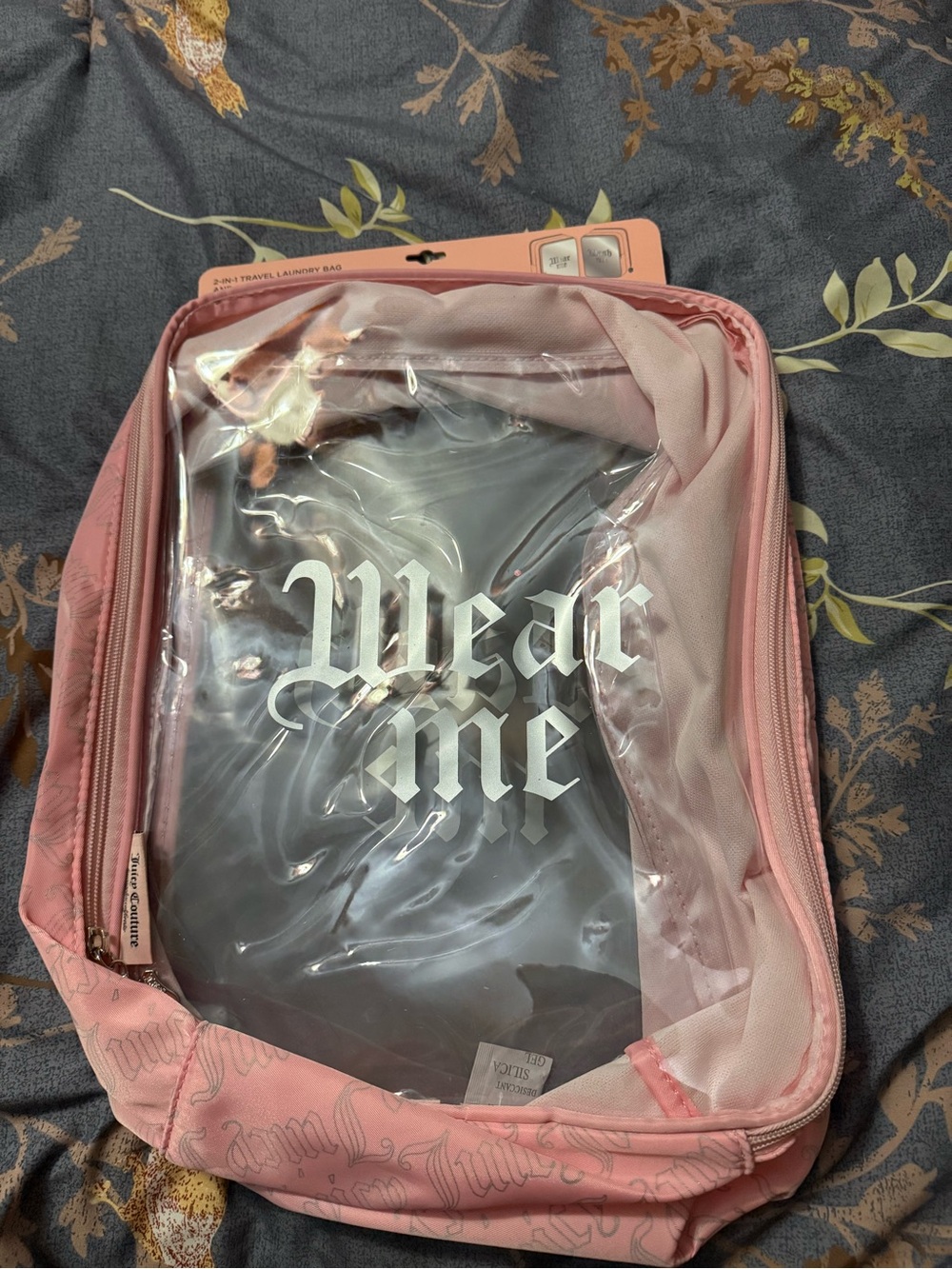 Juicy Couture Pink Clear Travel Laundry Bag with 'Wear Me' Print